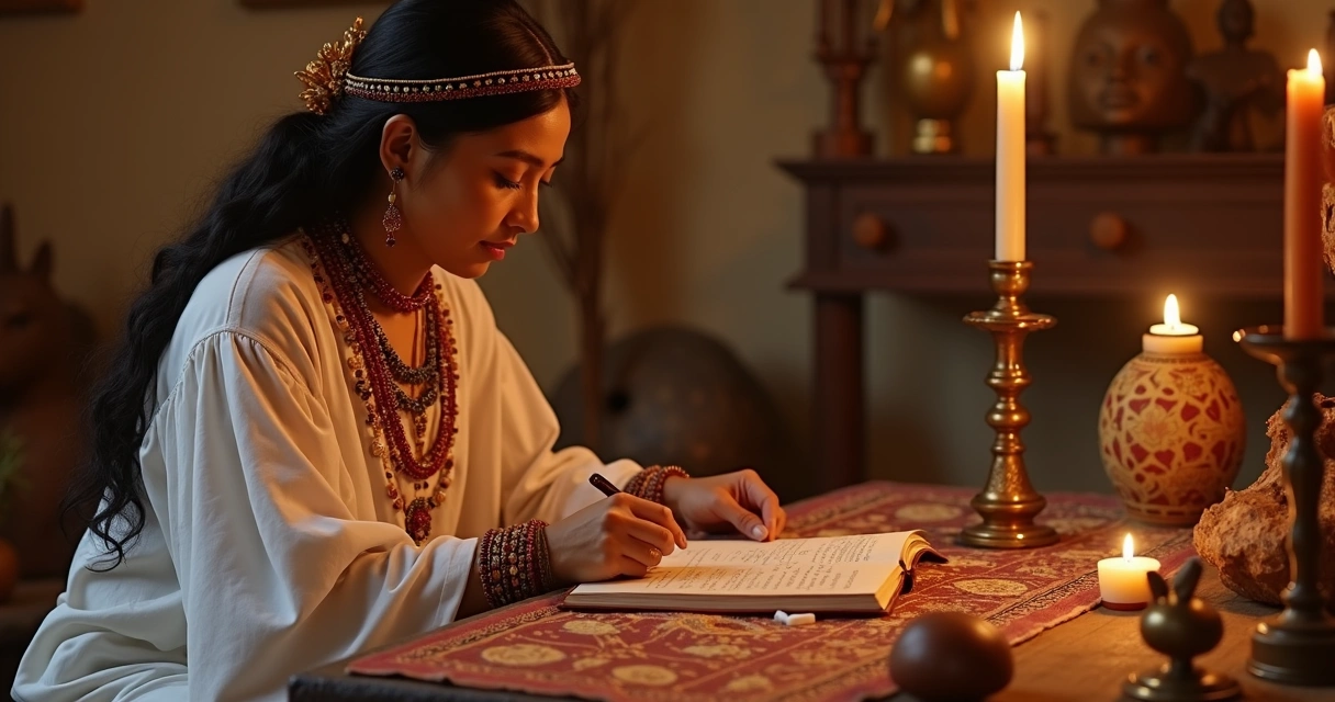 Consultora jogando búzios em tabuleiro com velas ao redor 