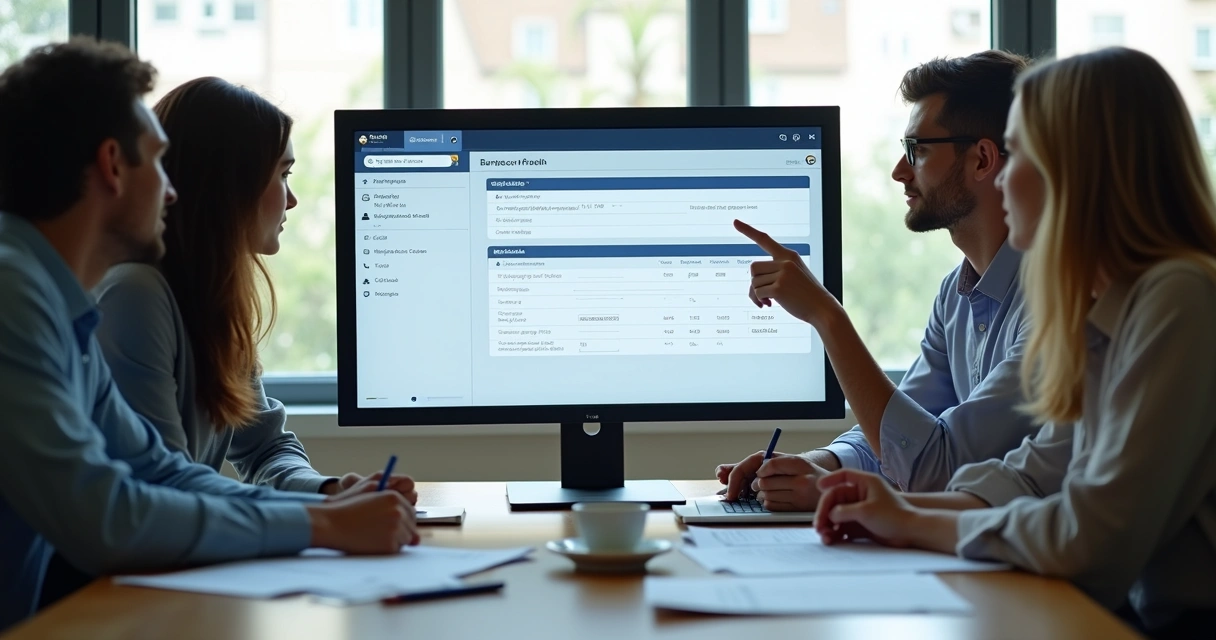 Equipe fazendo consulta cadastral de empresa na tela do computador 