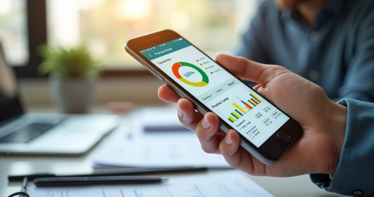 Pessoa consultando histórico financeiro no celular com gráficos e dados de crédito visíveis na tela 