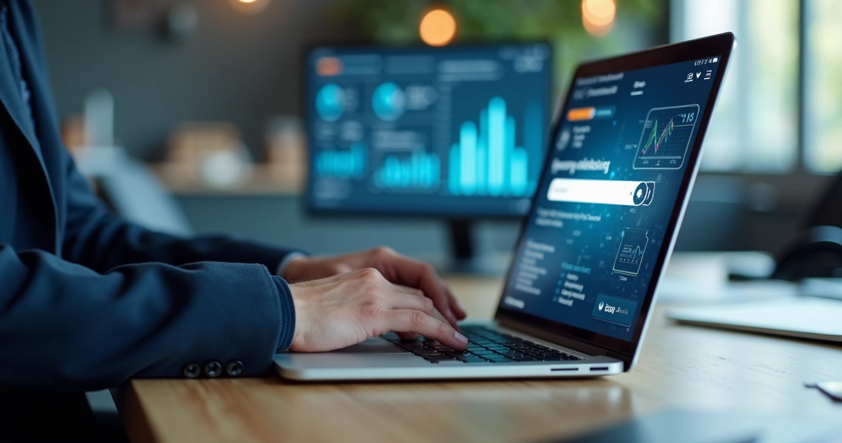 Pessoa usando notebook em mesa de escritório, tela mostrando formulário de consulta de telefone 