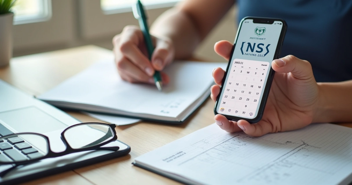 Mão segurando celular com calendário do INSS aberto 