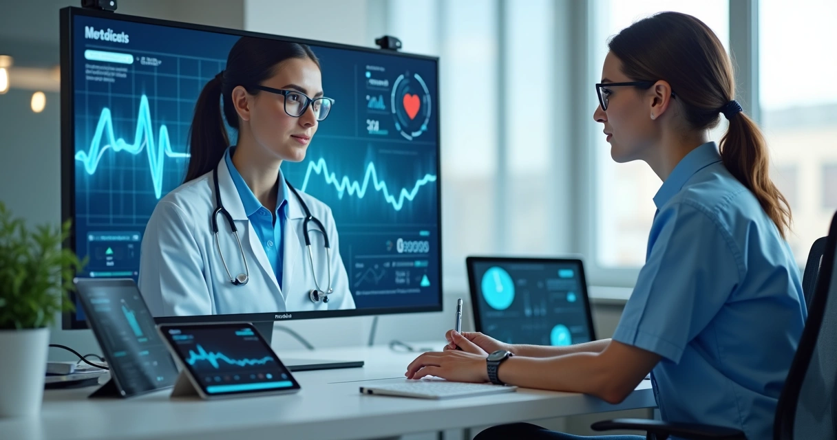 Médico atendendo paciente por videoconferência enquanto analisa exames cardíacos digitais 