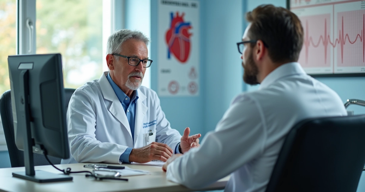 Cardiologista em consultório analisando eletrocardiograma com paciente sentado à frente 