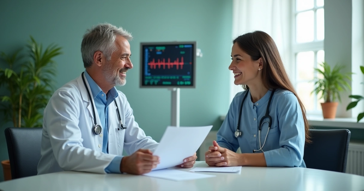 Médico e paciente sorrindo olhando exames cardiológicos na mesa 
