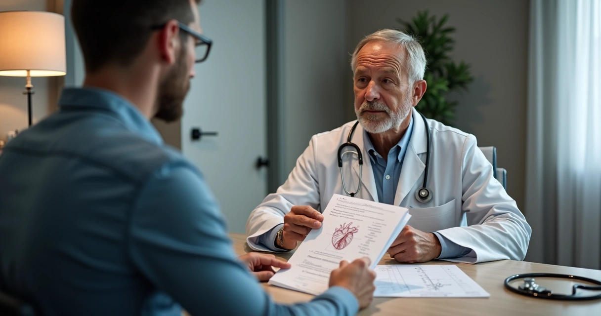 Consulta cardiológica com revisão de exames