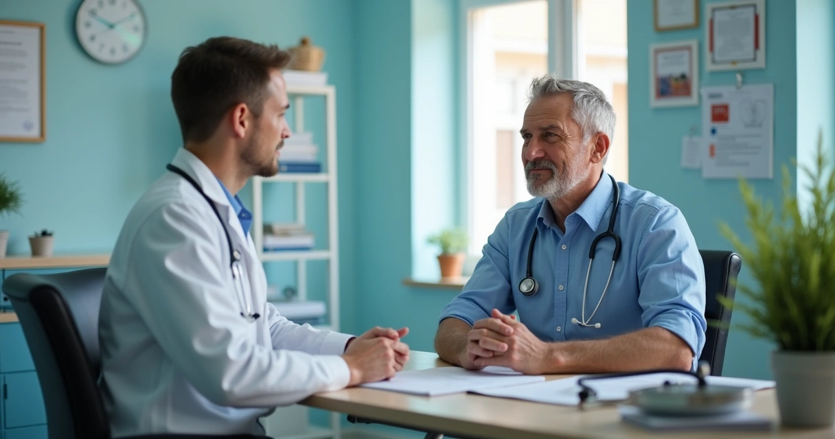 Médico cardiologista escutando paciente sentado em consultório.