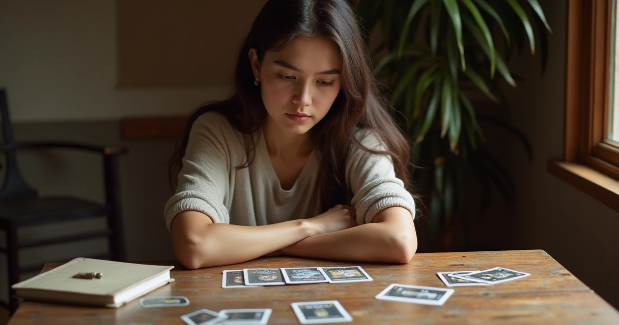 Mulher concentrada lendo cartas do baralho cigano 