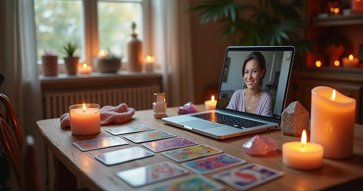 Mesa virtual com cartas coloridas, computador e luz suave 