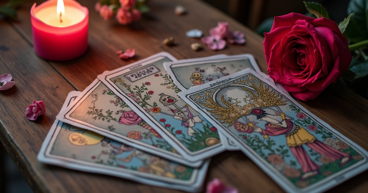 Cartas de tarot, vela acesa e rosa em mesa de madeira