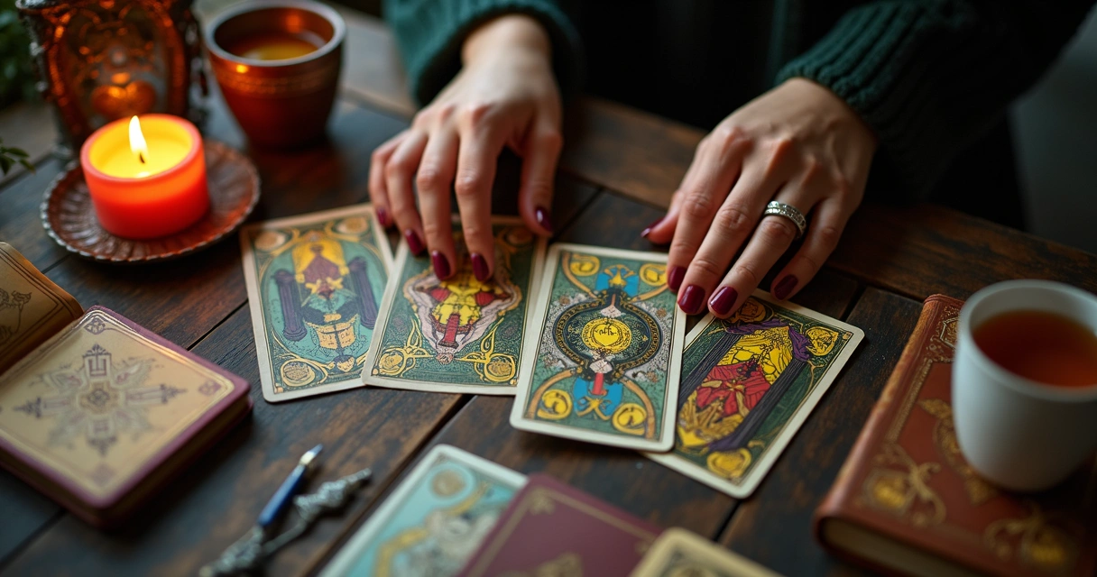 Consulta de cartomancia com cartas e mãos femininas 