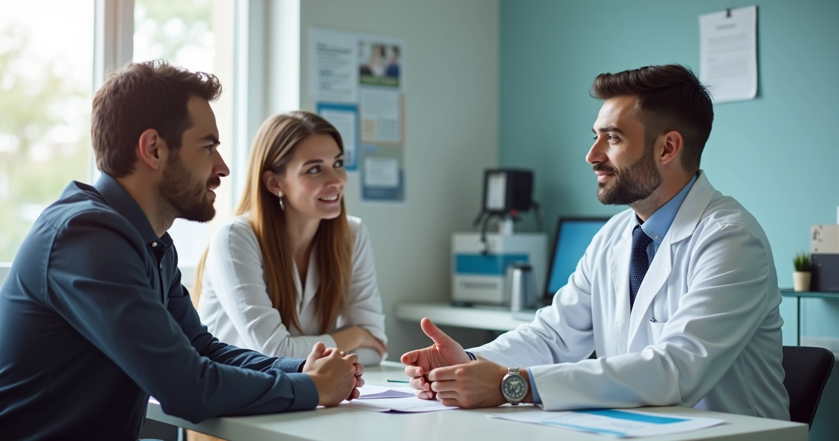 Consultório médico com casal sentado de frente para infectologista em avaliação sobre PrEP.