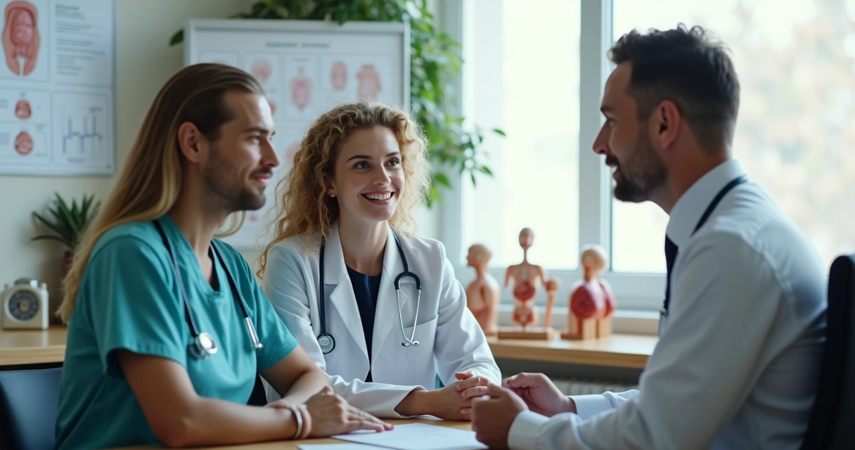 Casal em consulta com urologista em ambiente profissional e acolhedor. 