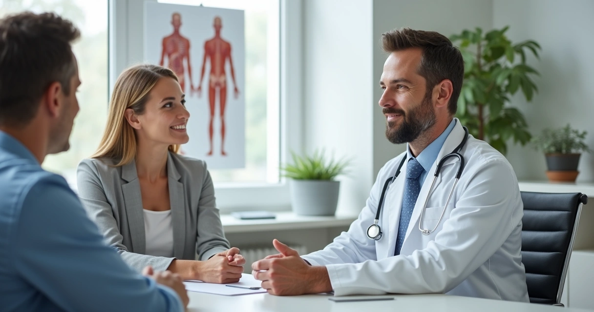 Casal conversando com urologista em consultório 