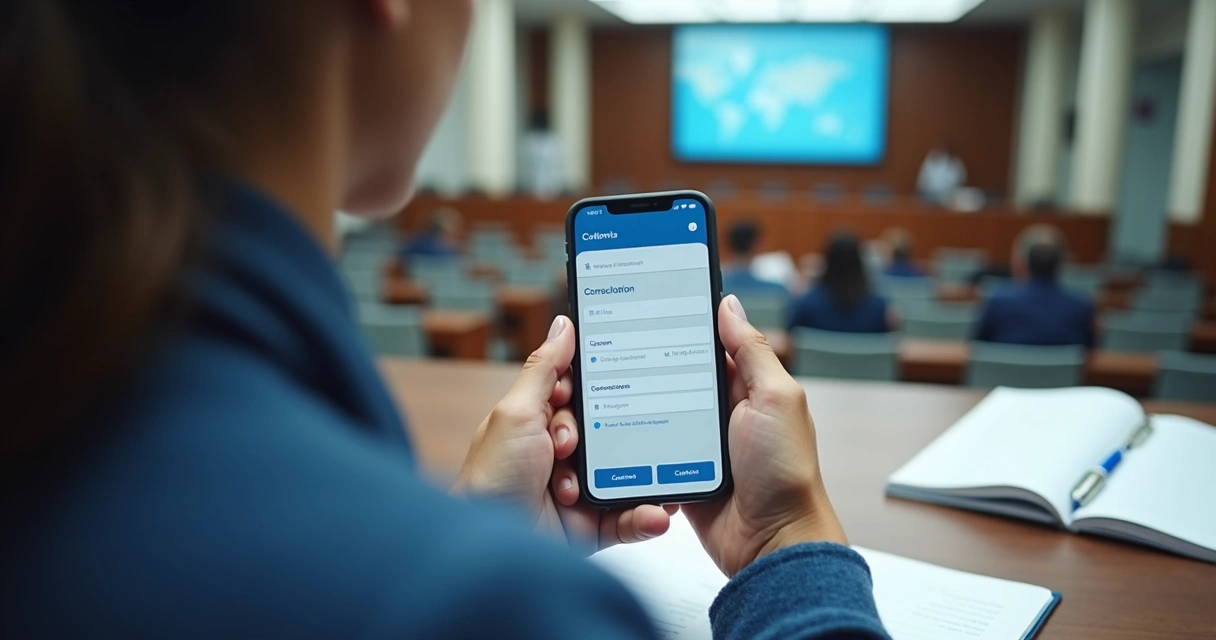 Pessoa acessando consulta legislativa no celular em ambiente de câmara