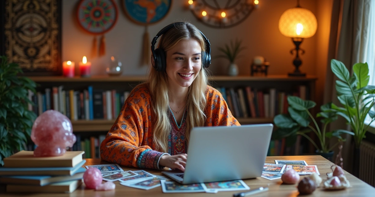 Especialista em esoterismo em videoconferência em ambiente acolhedor 