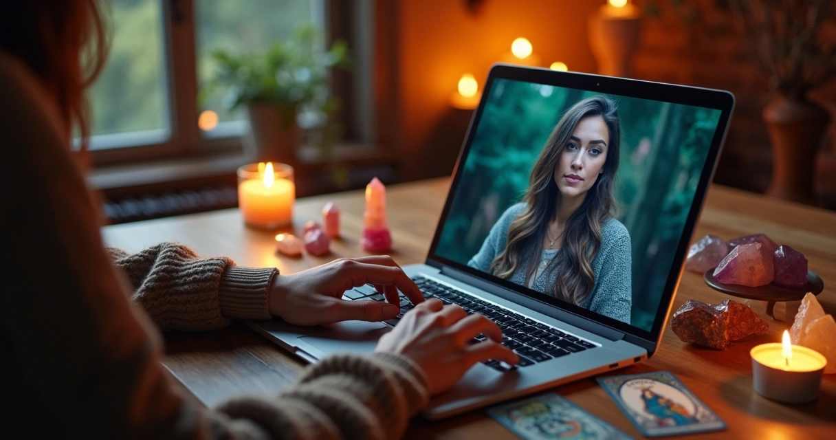 Pessoa digitando em chat de consulta espiritual com cartas de tarot e cristais na mesa