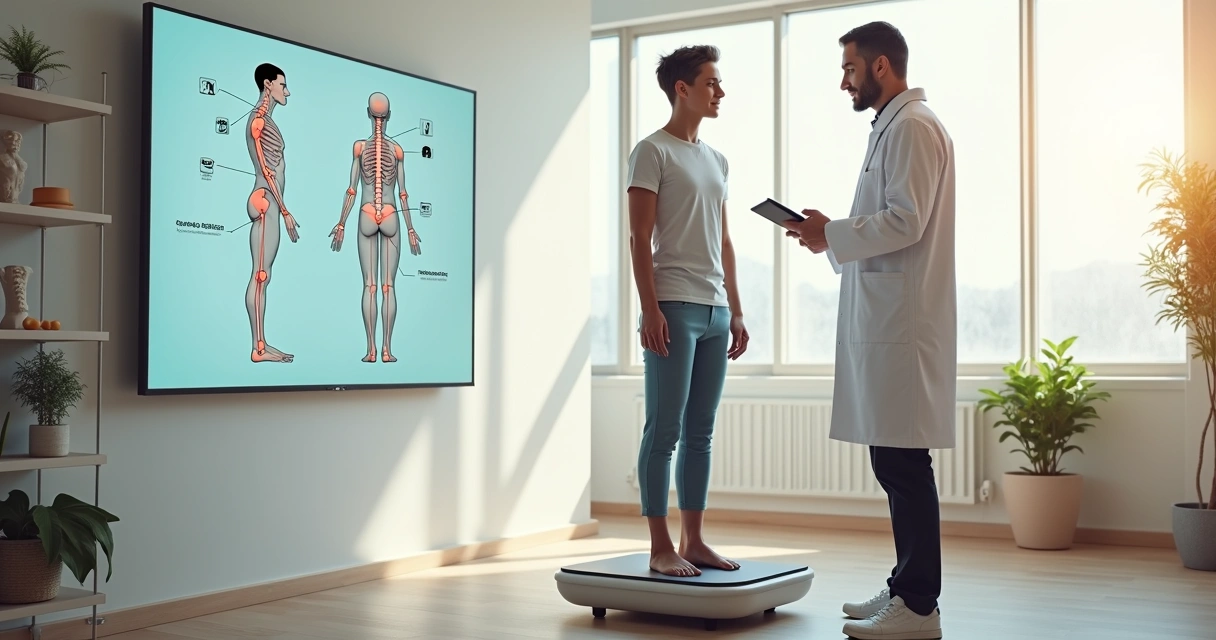 Jovem em avaliação ortopédica preventiva em consultório moderno 