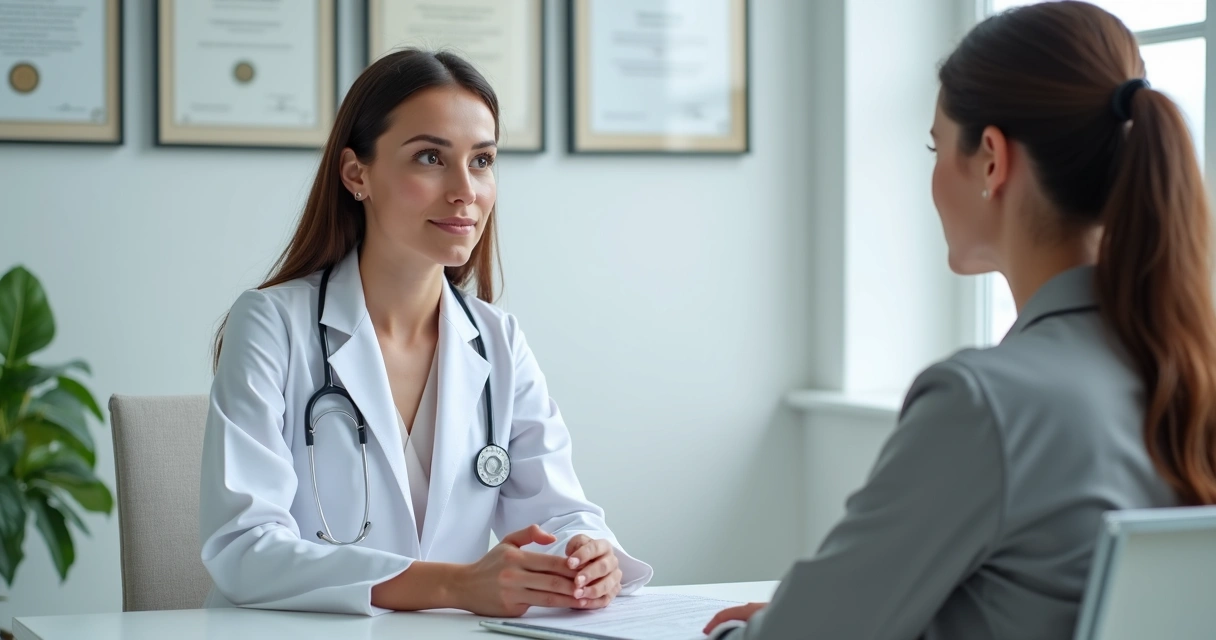 Médico cirurgião conversando com paciente sobre lipoaspiração, mostrando diplomas na parede 
