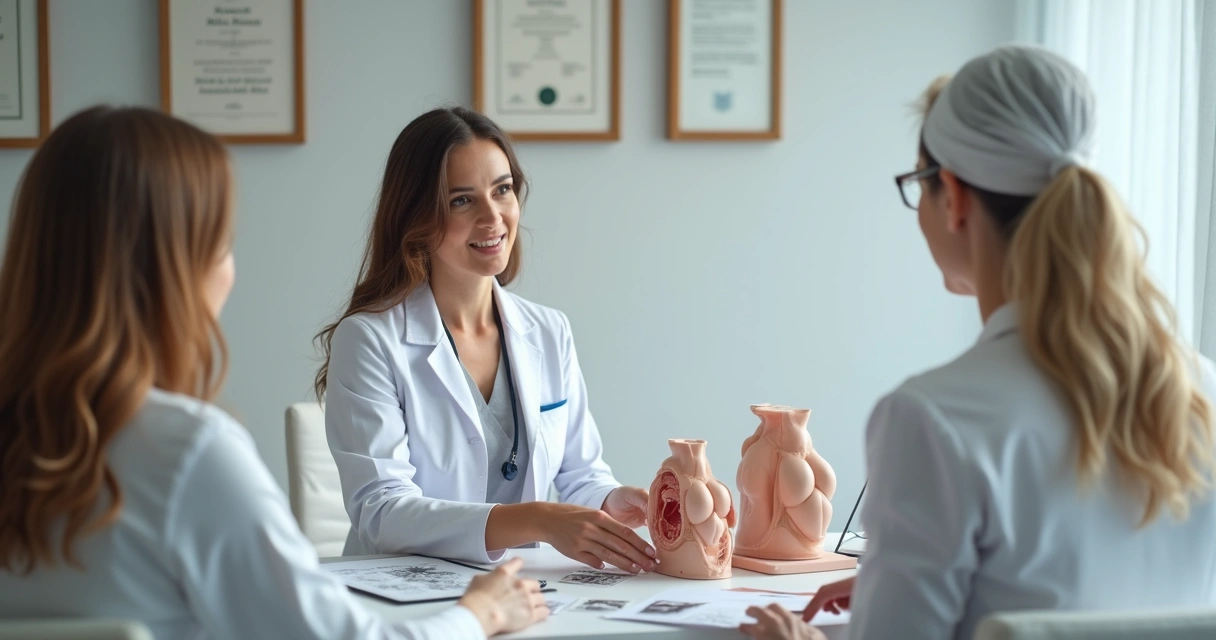 Cirurgiã plástica avaliando paciente em consulta de mamoplastia 