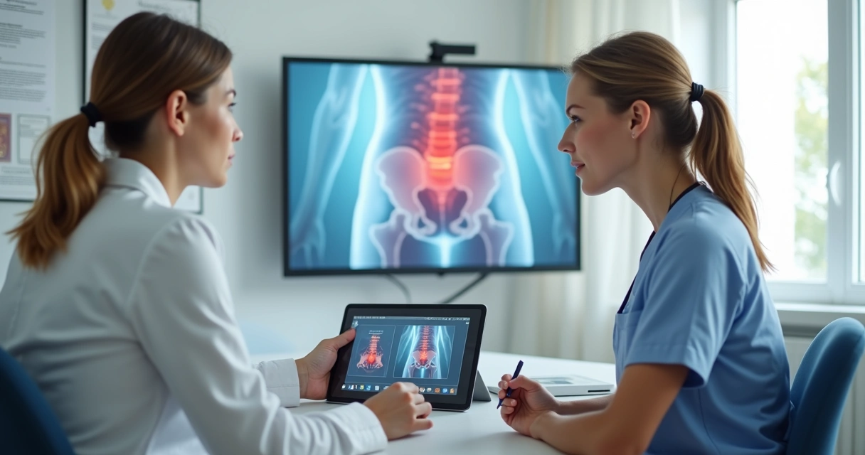 Médica coloproctologista explicando cirurgia a laser para cisto pilonidal a um paciente em consultório moderno 