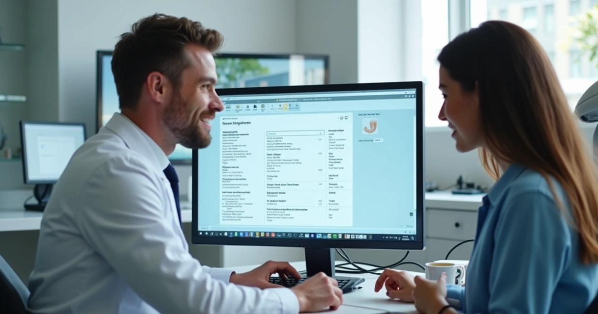 Paciente recebendo receita digital em consulta clínica 