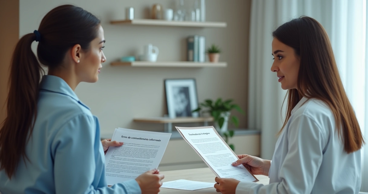 Consulta em clínica de estética com documentos sobre a mesa 