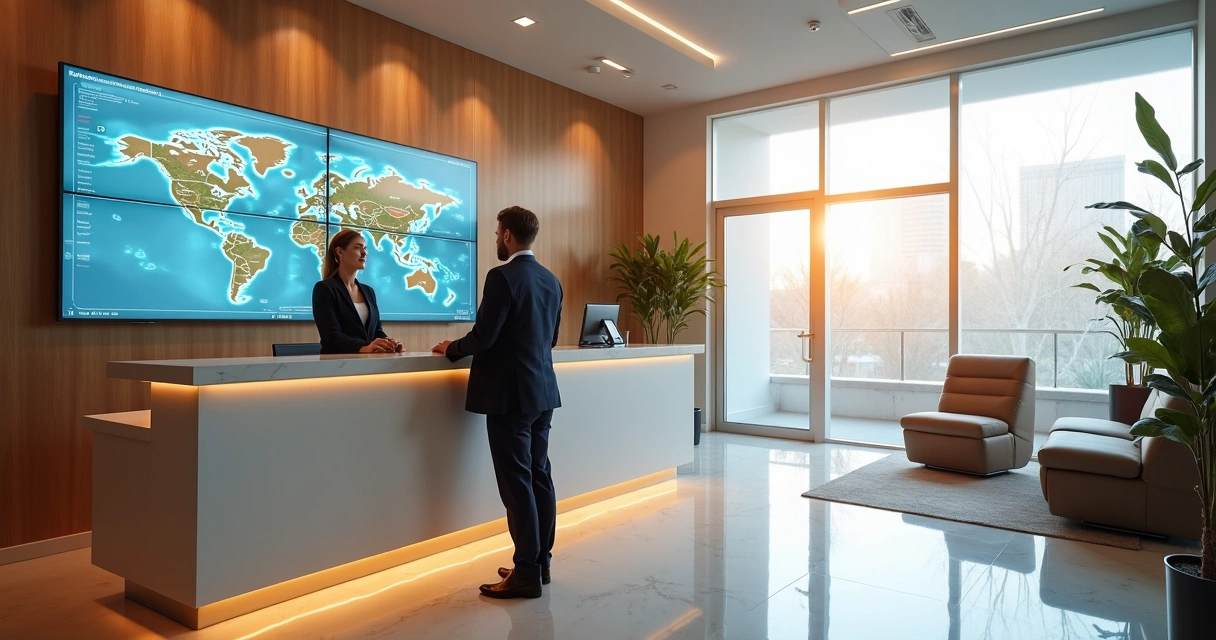 Recepcionista de clínica moderna atendendo paciente em ambiente elegante com tela exibindo mapas e gráficos de SEO local 