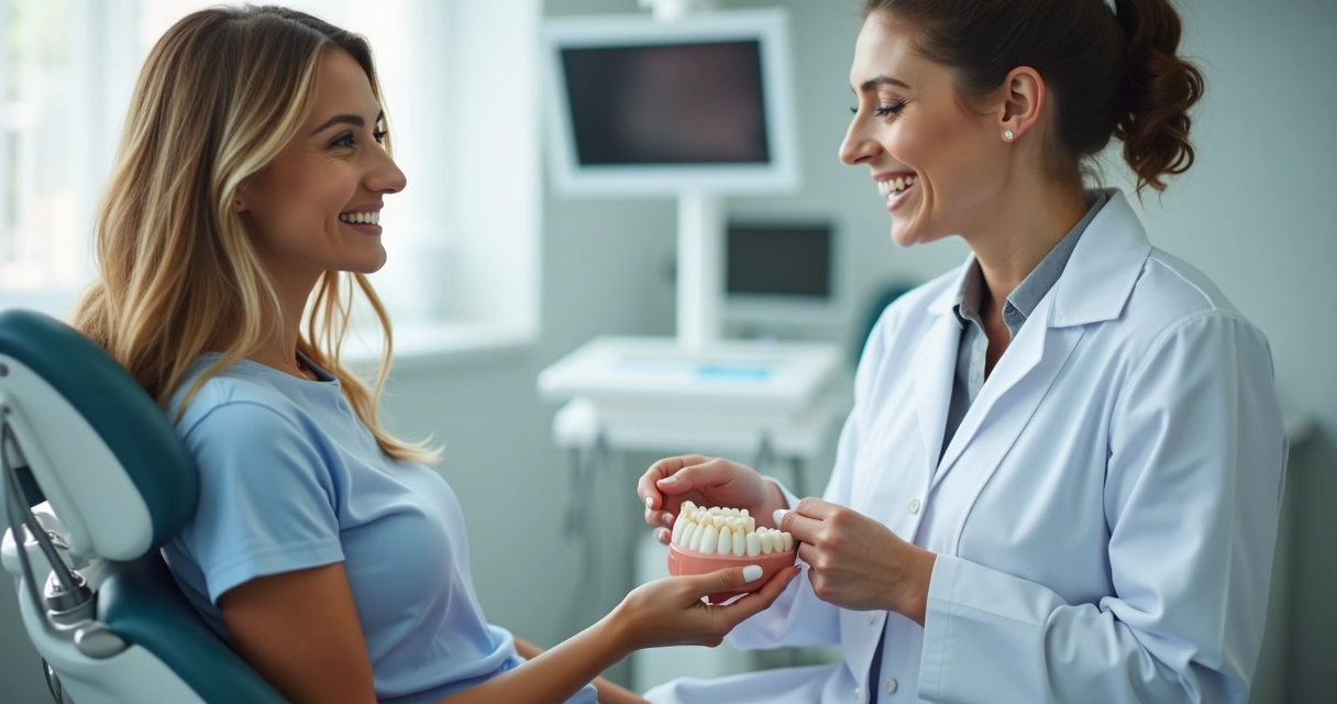 Paciente sorrindo com dentista mostrando molde de prótese flexível. 