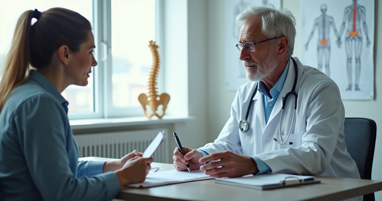 Paciente em consulta clínica detalhada para avaliação de dor persistente após fisioterapia 
