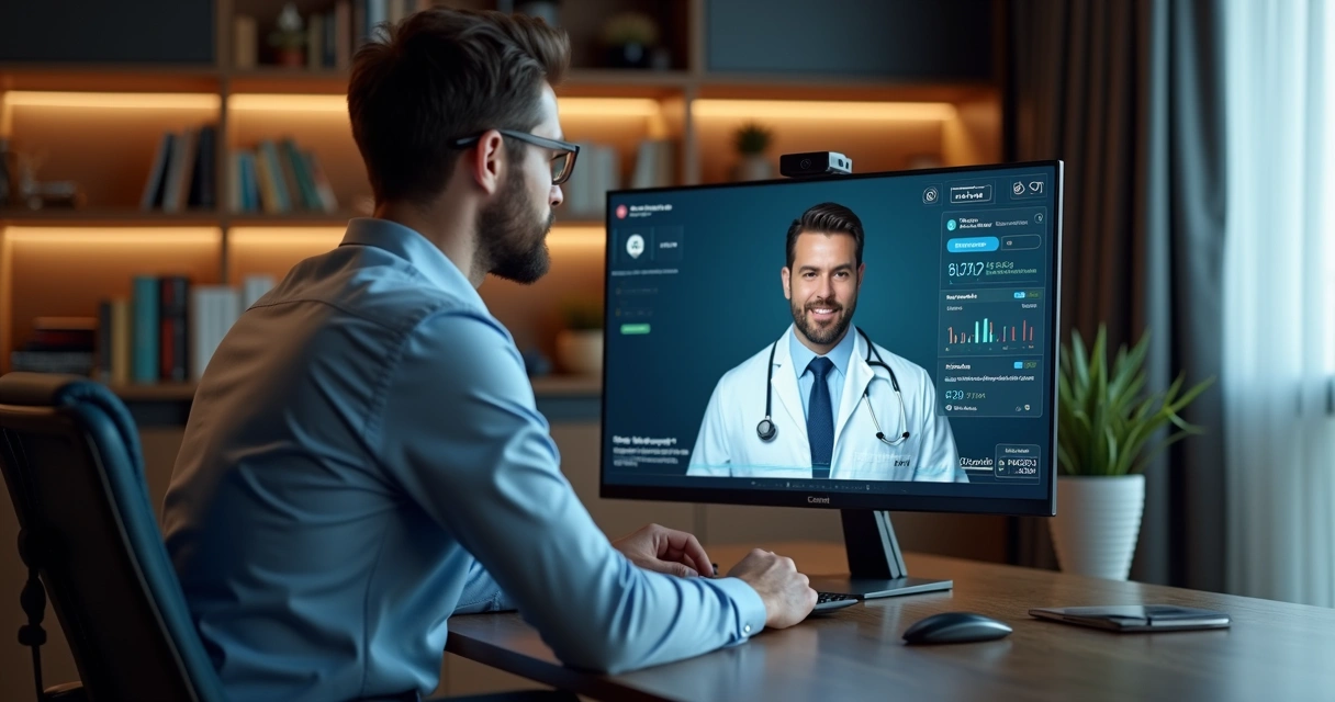 Homem em consulta clínica online com médico, ambiente sofisticado e tecnológico 