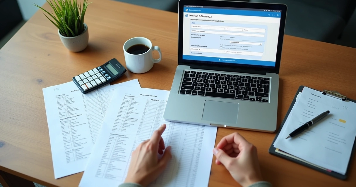 Consulta de CNPJ e classificação de atividade em notebook com documentos na mesa