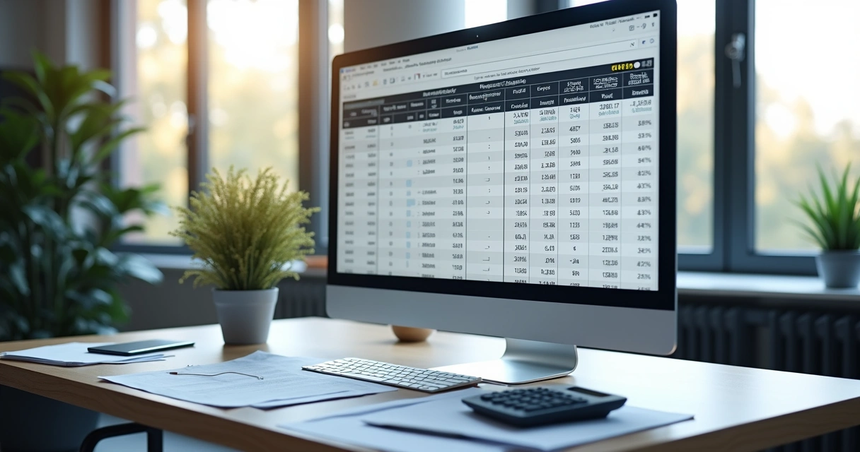 Mesa de escritório com computador exibindo tabelas de códigos CNAE na tela 