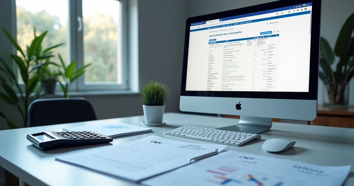 Tela de consulta fiscal com documentos da empresa na mesa 
