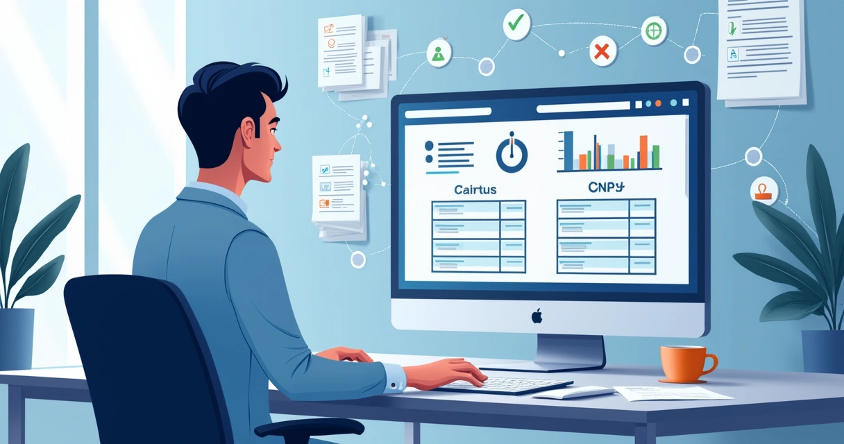 Profissional verificando informações fiscais em tela de computador 