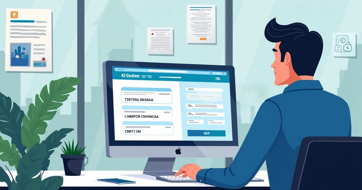 Pessoa consultando CNPJ no computador em ambiente de escritório 