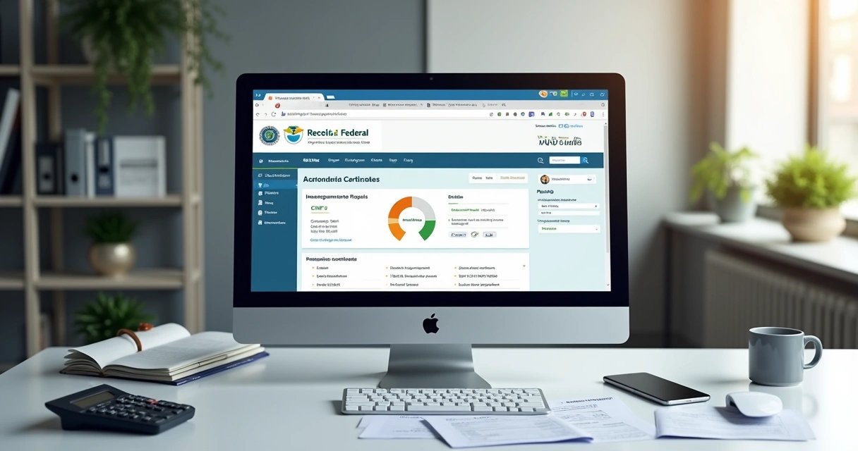 Computador exibindo consulta de CNPJ na Receita Federal com dados cadastrais e certidão negativa na tela 