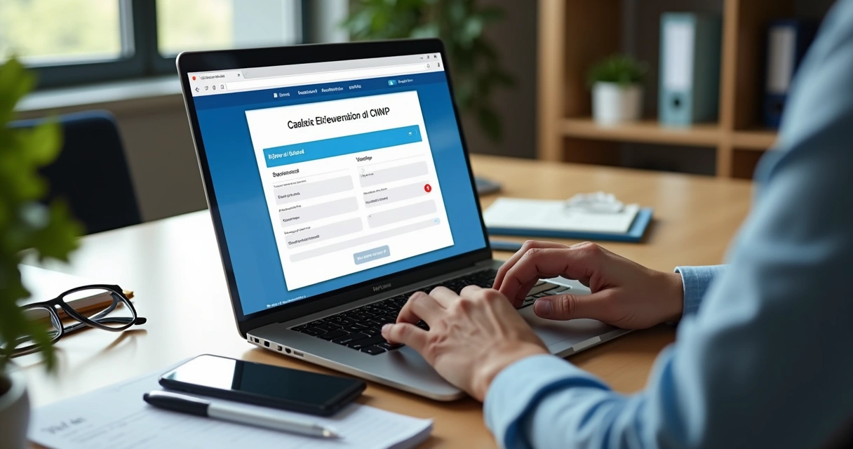Empresário consultando CNPJ no site da Receita Federal em notebook sobre mesa de escritório 