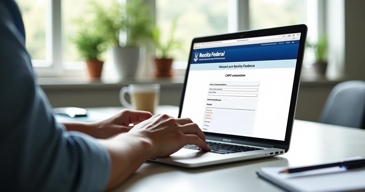 Pessoa acessando o site da Receita Federal para consulta de CNPJ em laptop moderno 
