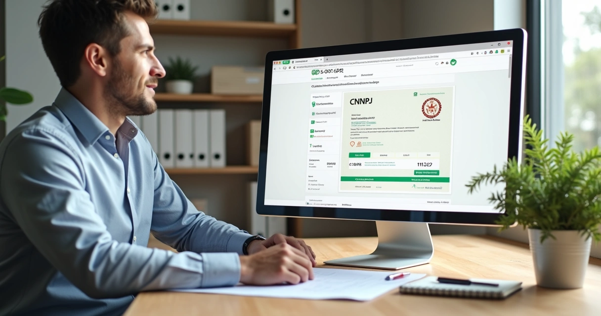 Empresário consulta CNPJ em monitor com documentos e selo de aprovação ao lado 