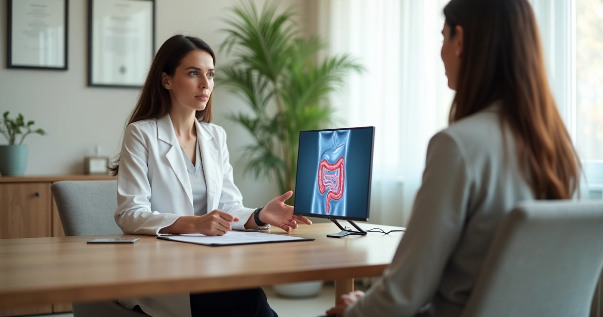 Paciente conversando com coloproctologista em consultório moderno e acolhedor 