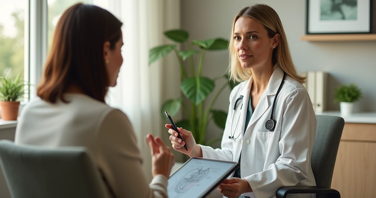 Paciente sentado em consultório de coloproctologia conversando com médica de forma discreta e acolhedora. 