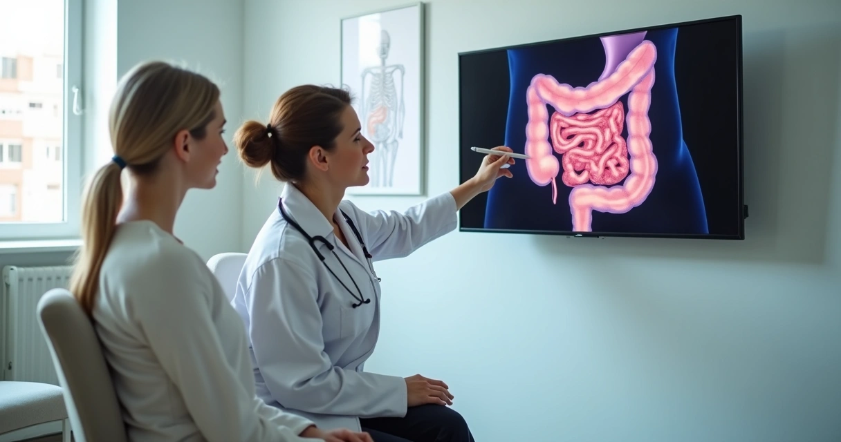 Médica coloproctologista mostrando exame endoscópico intestinal em tela para paciente em consultório moderno 