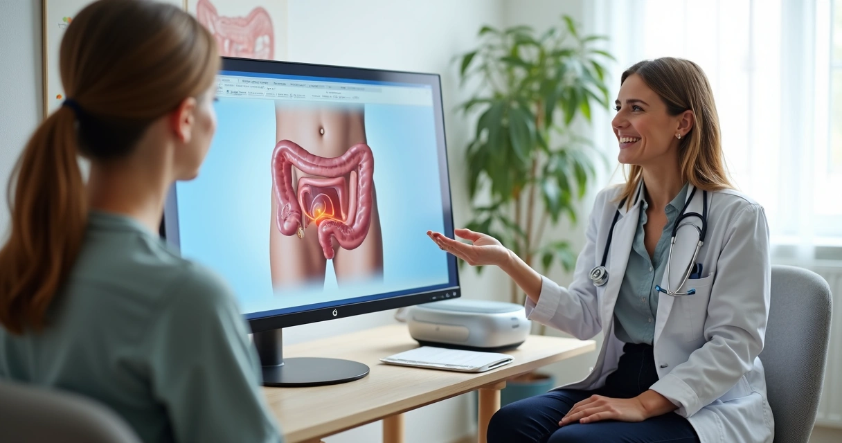 Médica coloproctologista explicando tratamento a laser para hemorroidas a paciente em consultório moderno 