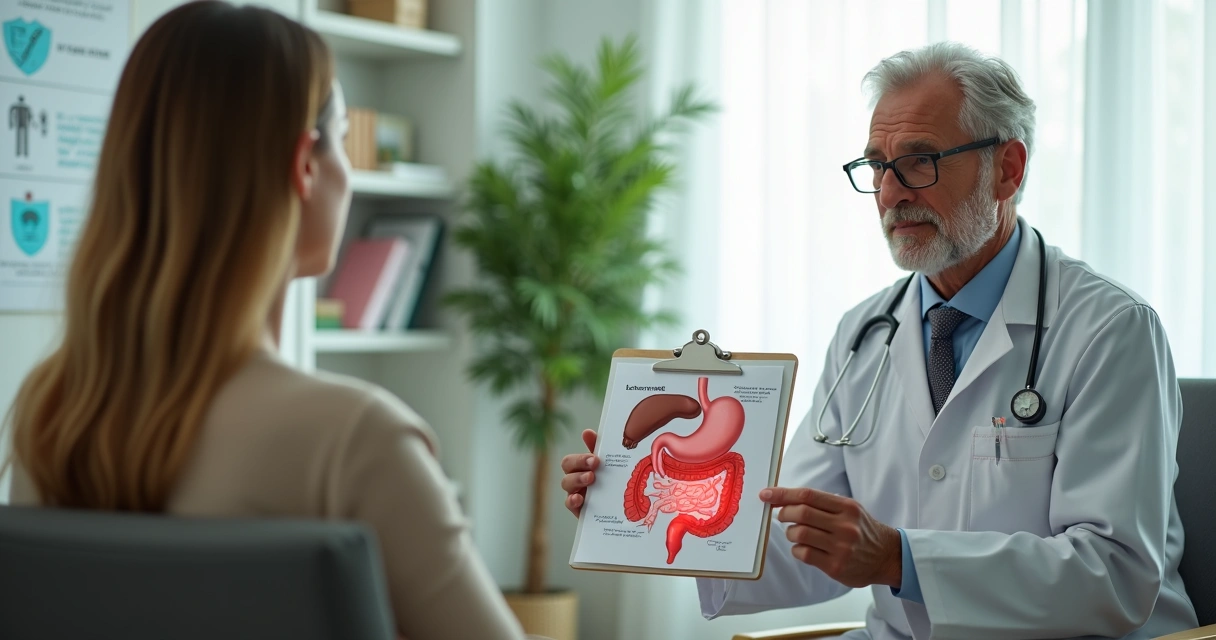 Médica coloproctologista explicando exame ao paciente em consultório acolhedor 