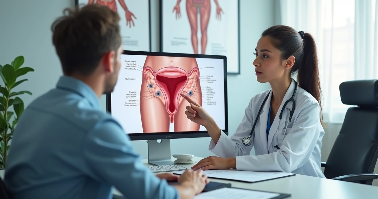 Médica coloproctologista explicando plicomas anais para paciente em consultório moderno 