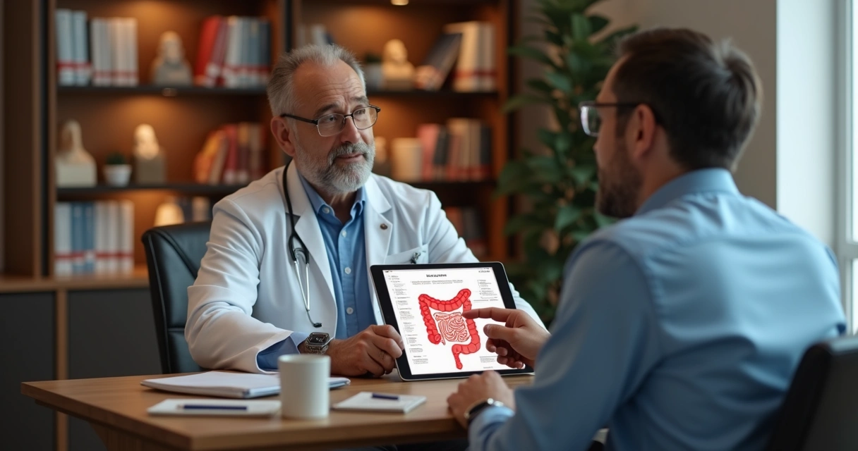 Consulta médica entre paciente e coloproctologista em ambiente discreto 