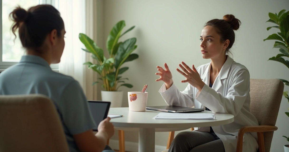 Paciente sentado em poltrona conversando com coloproctologista em consultório aconchegante 