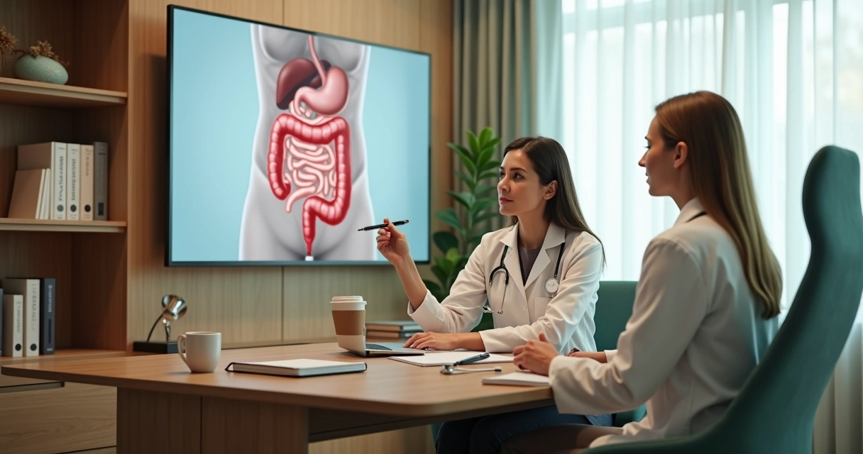 Coloproctologista explicando exames intestinais a paciente em ambiente acolhedor 