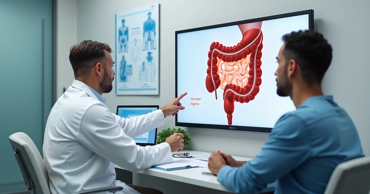 Coloproctologista explicando exame do cólon e reto para paciente em consultório moderno 