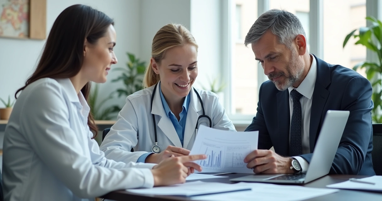 Profissional da saúde analisando apólice de seguro com corretor experiente 